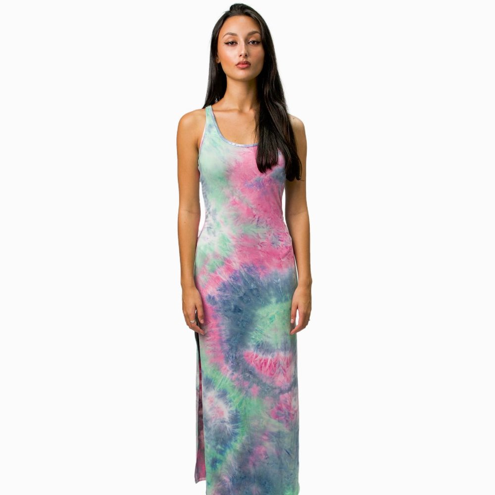 Rainbow Women's Summer Casual Long Slit Dress Supersoft Stretch Tie Dye